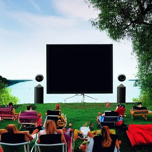 Prompt: futuristic film festival frameout shows films from predominantly domestic production on a summer outdoor cinema screen, salvador dali style