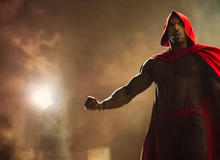 Image similar to film still of michael b jordan as spawn in the new spawn movie, giant chains, large cape, 8 k