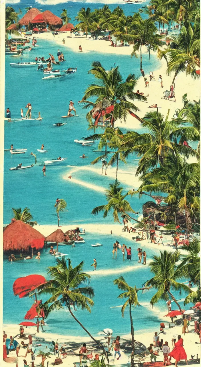 Image similar to a 1950s vacation pamphlet about a Caribbean beach,