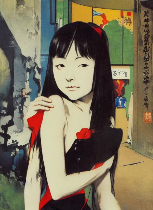 Image similar to painting of a young japanese woman standing in harajuku street art by frank frazetta