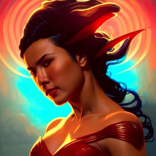 Image similar to iza calzado as darna, volumetric lights, red and cyan theme, art nouveau botanicals, intricate, highly detailed, digital painting, artstation, concept art, smooth, sharp focus, cinematic, illustration, beautiful face, art by artgerm and greg rutkowski and alphonse mucha