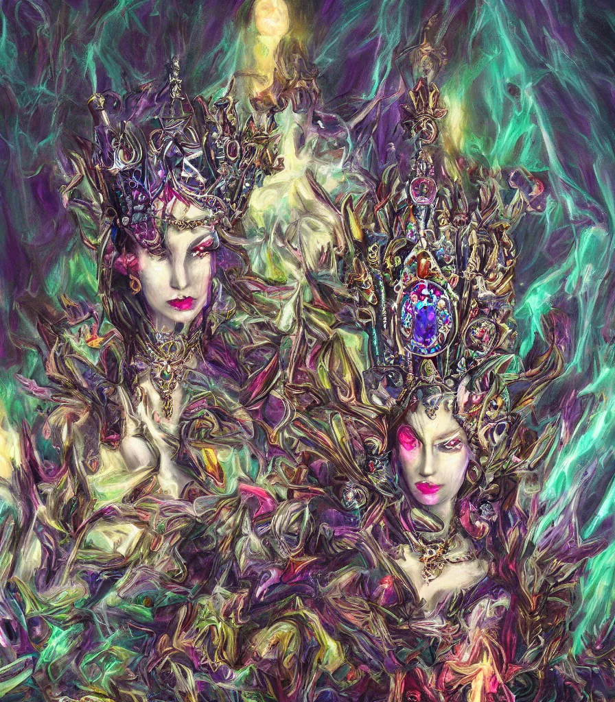 Image similar to empress of the nightmare realm vampire queen jeweled crown, exquisite oil painting, chromatic aberration