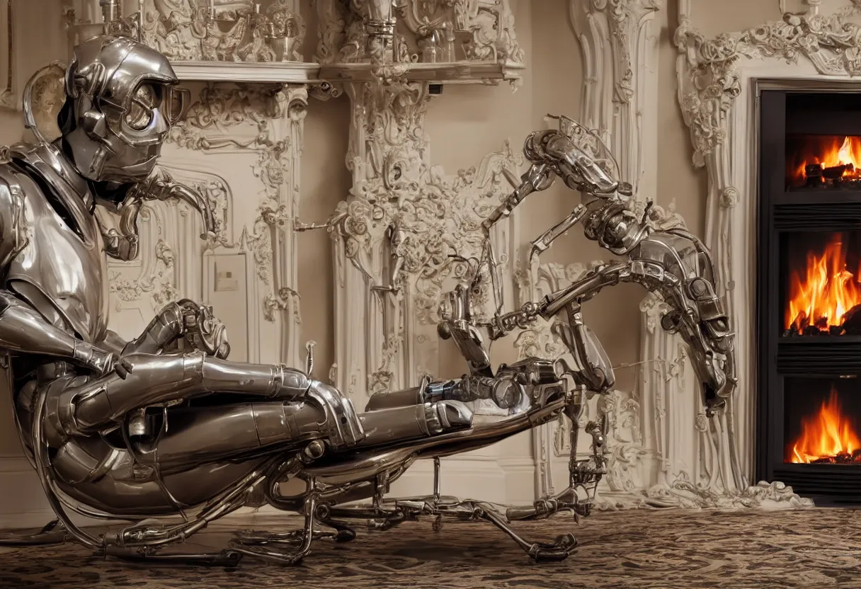 Image similar to Extreme close up photograph of a futuristic robot reclining on a 1950s fainting chair in front of a single beautiful fireplace in a pristine traditional Victorian home, by Simon Stalenhag