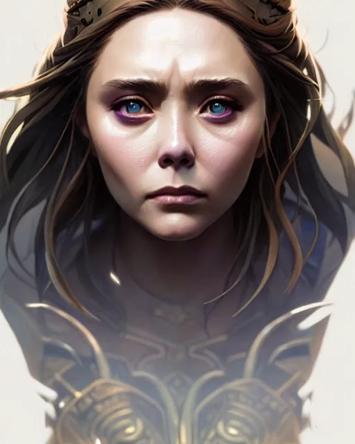 Image similar to azctec warrior, elizabeth olsen, detailed perfect face, exquisite details, fire magic, mid view, design on a white background, by studio muti, greg rutkowski makoto shinkai takashi takeuchi studio ghibli