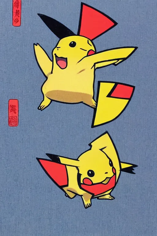 Prompt: surfing Pikachu, ukiyo Japanese woodblock print