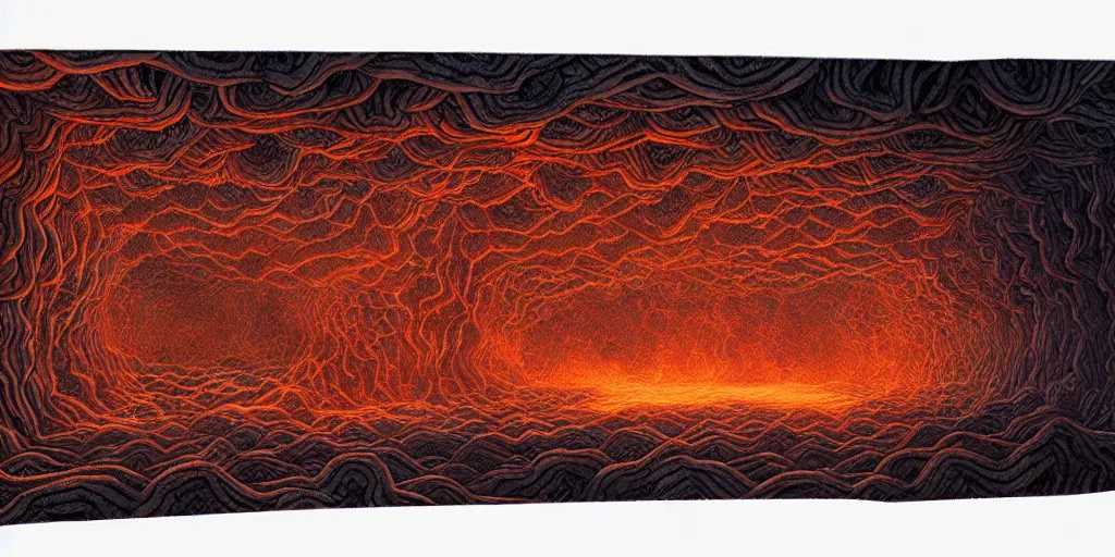 Image similar to deep intricate twisting filigreed communal hive maze of shiny convoluted magma and billowing clouds of smoke, award winning art, epic dreamlike fantasy landscape, art print, science fiction, ultra realistic,