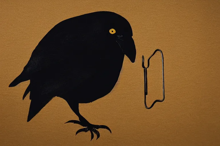 Prompt: beautiful smart crow using a hook, minimalistic golden ink aribrush painting on white background