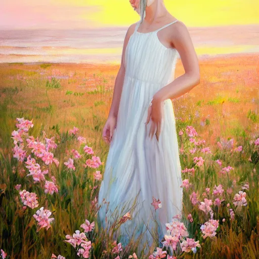 Prompt: an influencer girl portrait in long white dress, sunset, flowers, ocean in distance, oil painting, pale colors, high detail, 8 k, wide angle, trending on artstation,