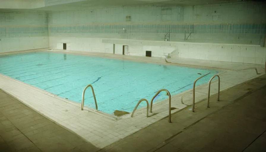 Image similar to 60s movie still of a sovietic stalinist style empty municipal swimming pool with tiles, cinestill 800t 50mm eastmancolor, liminal Space style, heavy grain-s 150