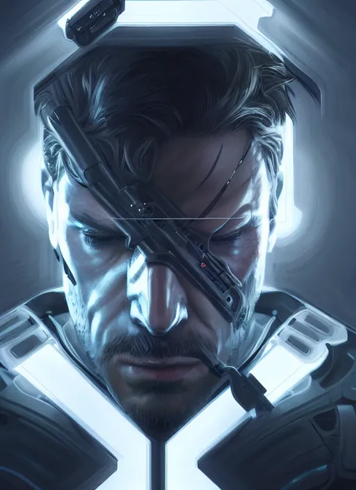 Image similar to symmetry!! portrait of solid snake, metal gear solid, tech wear, glowing lights!! intricate, elegant, highly detailed, digital painting, artstation, concept art, smooth, sharp focus, illustration, art by artgerm and greg rutkowski and alphonse mucha