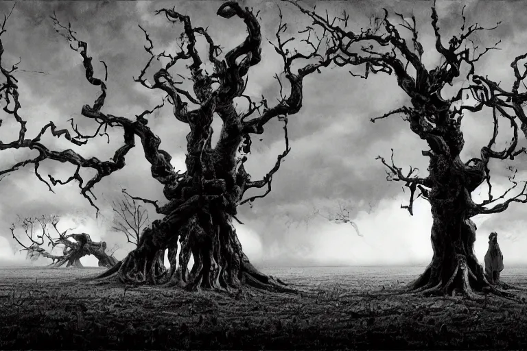 Prompt: in the black storm, gnarled trees on a darkling plain, drawn by christan delort and jean gireaud, low camera, wide angle, centered composition, golden ratio