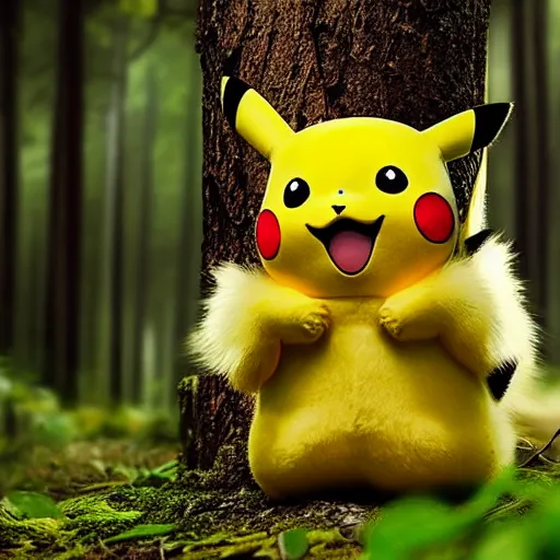 Prompt: pikachu in a forest, realistic, national geographic wildlife photography