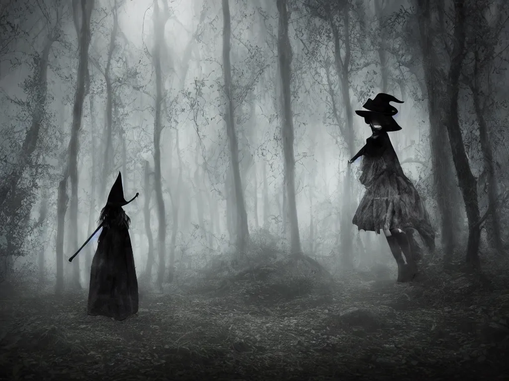 Image similar to cute gothic fumo plush witch girl ventures deep into the forbidden forest, black and white, volumetric fog and smoke, the bog of dark abyss, vray