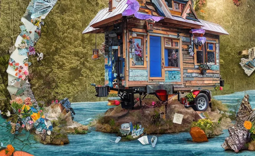 Image similar to hyperdetailed tinyhouse, seen from the distance. along a maximalist river made of paper and unexpected interesting fabric elements. 8 x 1 6 k hd mixed media 3 d collage in the style of a childrenbook illustration in soft natural tones. delicate and tender. matte background no frame hd