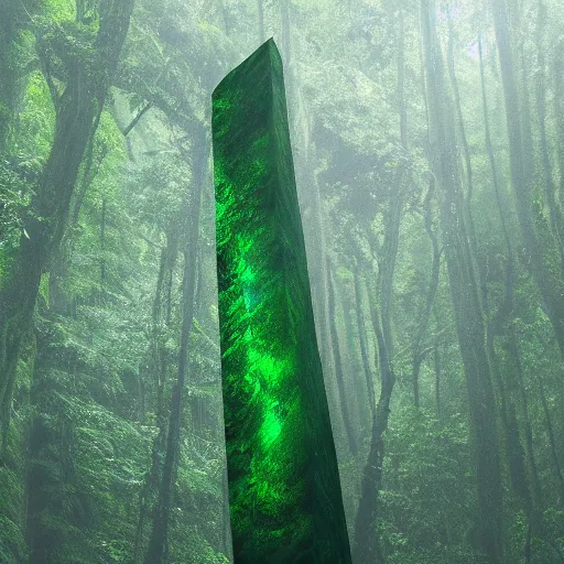 Prompt: a neon monolith in a mythical rainforest,