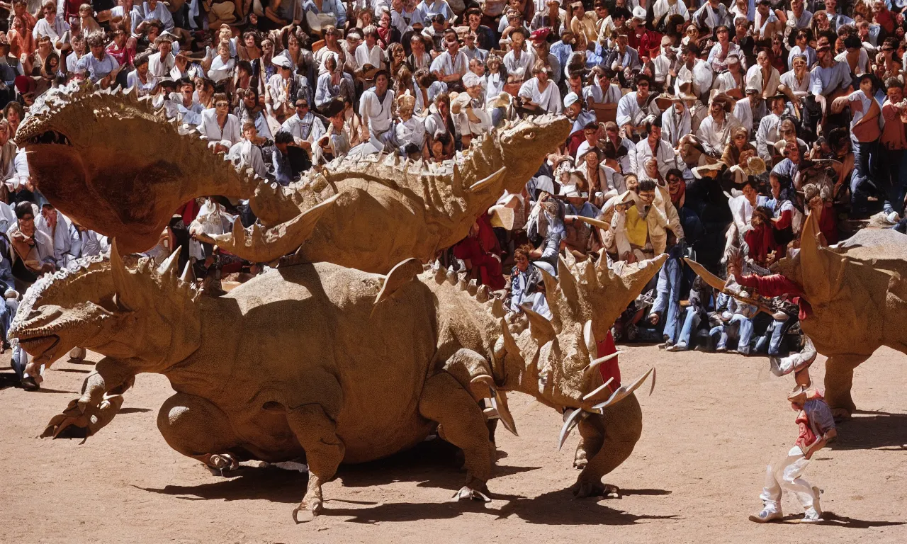 Image similar to a troubadour facing off against a horned dinosaur in the plaza de toros, madrid. extreme long shot, midday sun, kodachrome