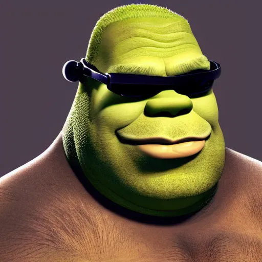 Image similar to Muscular Shrek with a handlebar mustache, goggles, a biker hat, and wearing a sleeveless ripped black leather jacket, portrait, digital art, trending on artstation, very detailed, highly detailed, HD quality, 8k resolution