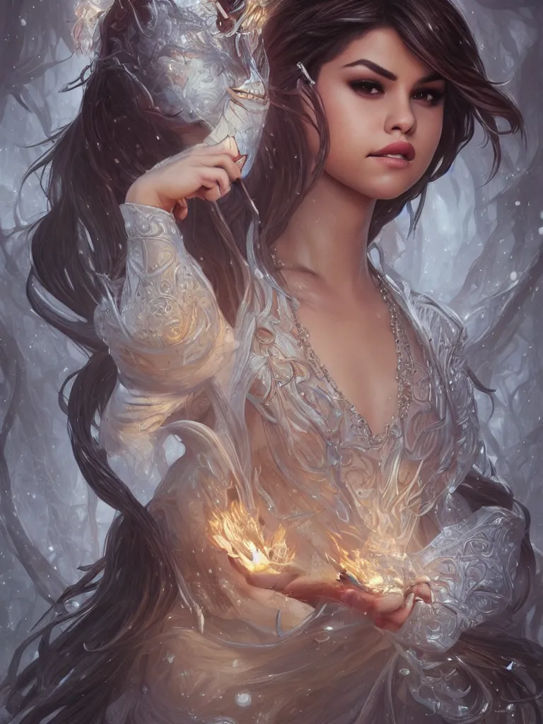 Image similar to Selena Gomez casting an frost spell, D&D, fantasy, intricate, elegant, highly detailed, digital painting, artstation, concept art, matte, sharp focus, illustration, hearthstone, art by Artgerm and Greg Rutkowski and Alphonse Mucha