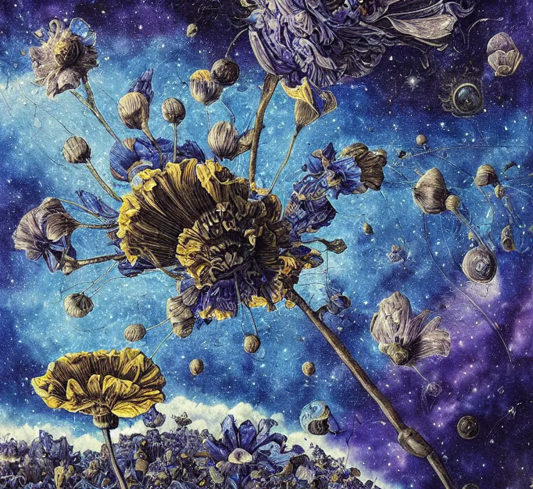 Image similar to detailed, intricate blue black and purple papaverum flower on the field, nebula, galaxy in the sky, winning award masterpiece, fantastically beautiful, illustration, aestheticly inspired, jacek yerka, upscale with anguissola sofonisba work, artstation, 8 k