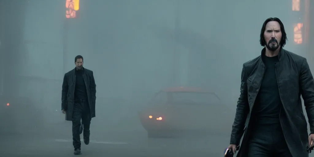 Prompt: Epic cinematic film still of Keanu Reeves in Blade Runner 2049