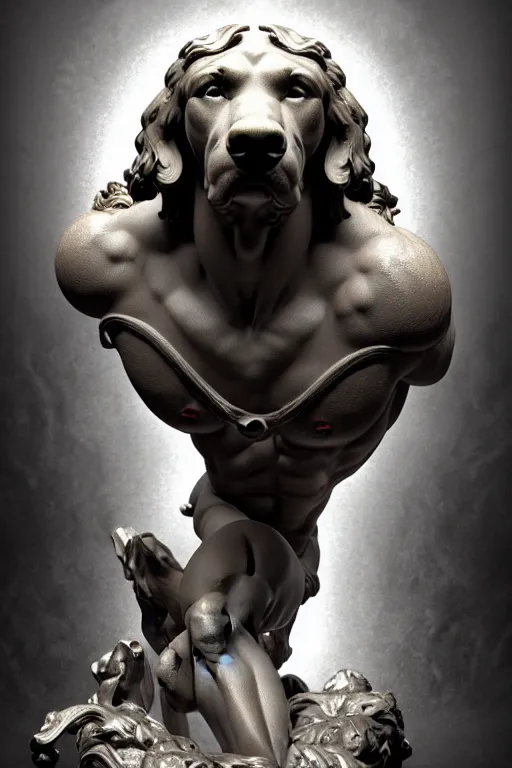 Prompt: dog as a greek god, greek statue, gorgeous, amazing, muscular, fit, very muscular male body, very detailed face, detailed features, fantasy, circuitry, explosion, dramatic, intricate, elegant, highly detailed, digital painting, artstation, concept art, smooth, sharp focus, illustration, art by gustave dore, octane render