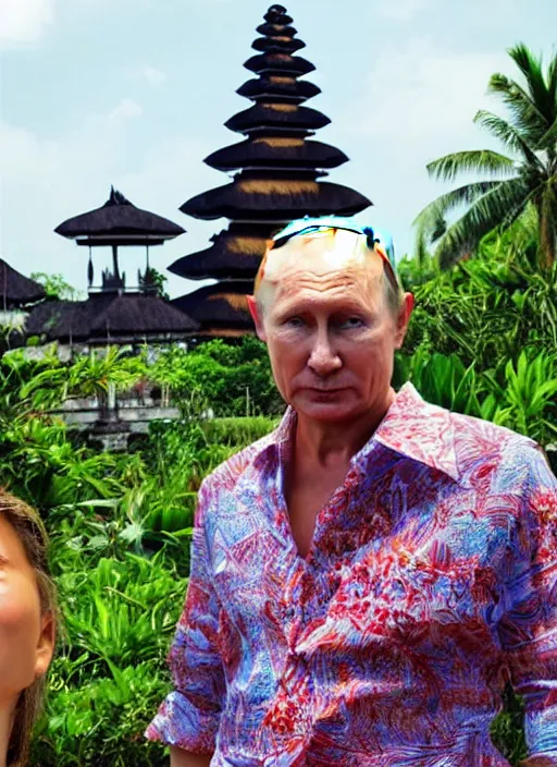 Prompt: vladimir putin wearing batik bali in bali. temple background. front view. instagram holiday photo shoot, perfect faces, corrected faces, 4 5 mm, award winning photography