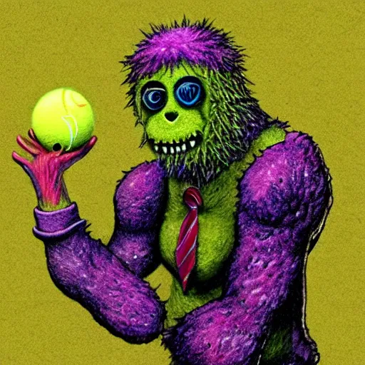 Image similar to a tennis ball monster shrugging shrug , digital art, fantasy, magic, trending on artstation, ultra detailed, professional illustration by Basil Gogos