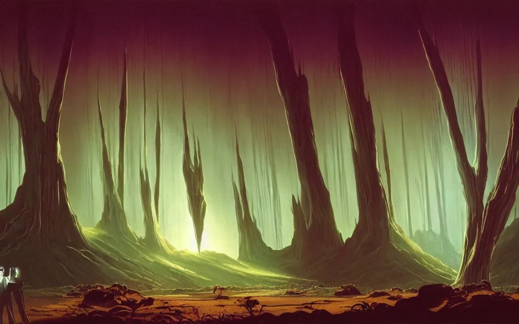 Image similar to sci-fi scene of a holographic giant hand glowing in the center of a dark forest oasis in the desert, atmospheric, mysterious, mist, high detail, concept art, by syd mead and roger deakins