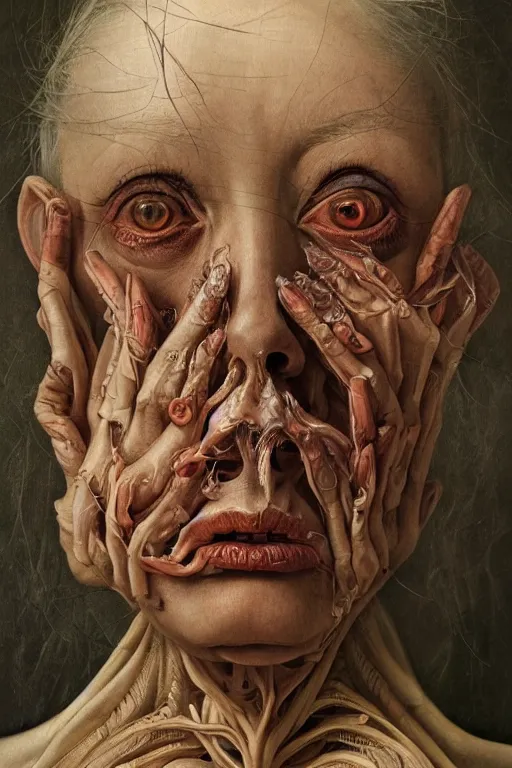 Prompt: Detailed maximalist portrait of a beautiful old woman with large lips and eyes, scared expression, botanical skeletal with extra flesh, HD mixed media, 3D collage, highly detailed and intricate, surreal illustration in the style of Jenny Saville , dark art, baroque, centred in image