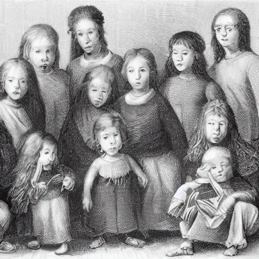 Prompt: A long haired man with glasses brings his 17 children to bed