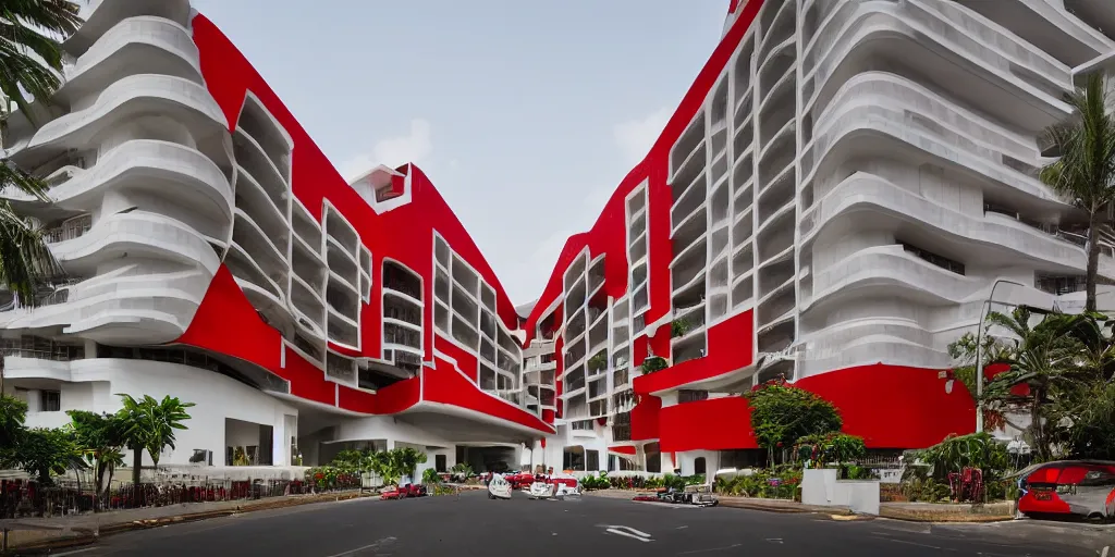 Image similar to extremely beautiful architecture photo of a luxury hotel complex in lagos nigeria in the style of rem koolhaas and virgil abloh with red black and white accents, green plants, zaha hadid, postmodern, clean, the structure is angular and geometric, beautiful, award winning architecture, extremely beautiful lighting, cinematic composition, modern, render, architectural, architecture, realistic, clear