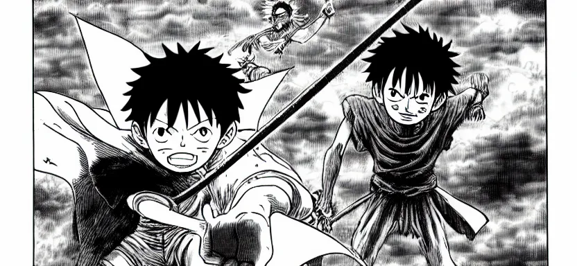 Image similar to luffy in berserk manga