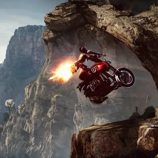 Prompt: kratosjumping a black harley - davidson motorcycle off a cliff, cinematic render, playstation studios official media, god of war 2 0 1 8, flames, centered