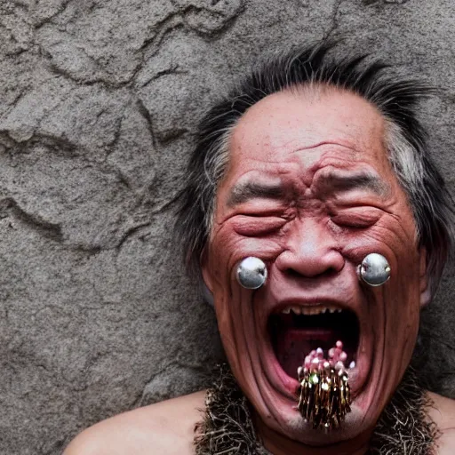 Prompt: screaming old asian man with beard, his head covered in jewels, full face silver mask, glowing eyes, wearing a wooden stick, smoke around him, in the dry rock desert, cinematic shot, wide angle, desert background, award winning photography, 8k, in the style of David Lynch, Alejandro Jodorowsky and Gaspar Noe