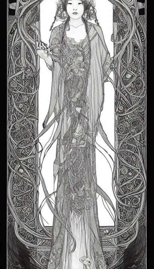 Prompt: yoon young as the high priestess, tarot design, by mucha, black and white graphite drawing, smooth render