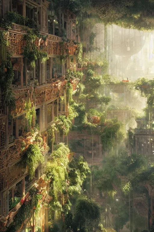 Image similar to magnificent view of the hanging gardens of babylon, intricate, elegant, volumetric lighting, digital painting, highly detailed, artstation, sharp focus, illustration, concept art, ruan jia, steve mccurry