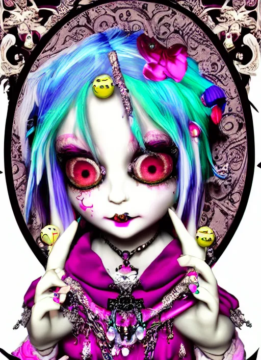 Prompt: baroque bedazzled gothic royalty frames surrounding a pixelsort emo demonic horrorcore japanese beautiful jester decora doll, low quality sharpened graphics, remastered chromatic aberration