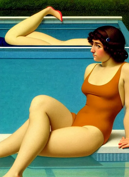 Image similar to portrait of a girl, in retro swimsuit, lying by the pool, minimalist oil painting by john godward, flat colors, beautiful lightning, sharp