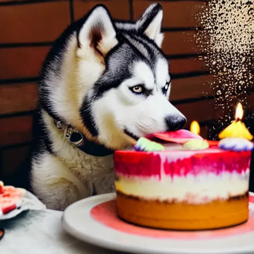Image similar to a high - quality photo of a husky eating a birthday cake