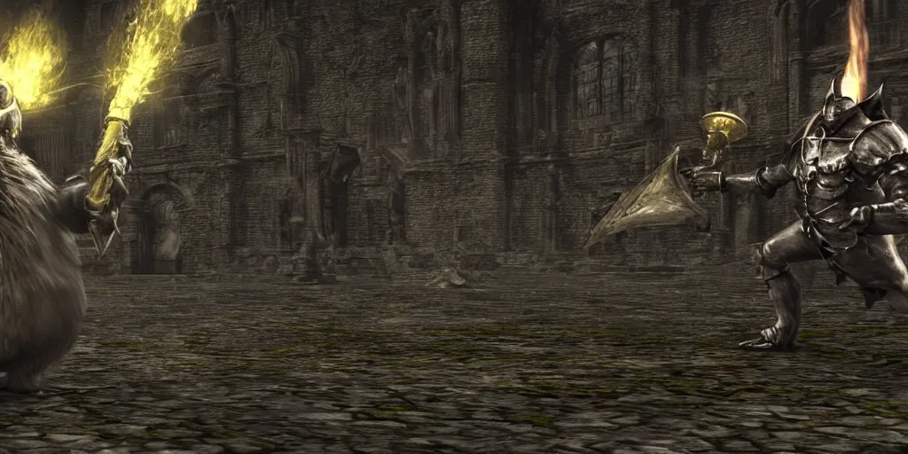 Image similar to minion as a darksouls boss, horror, hd, screenshot,