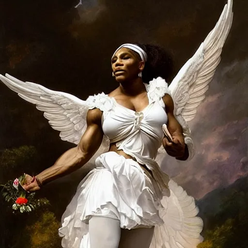 Image similar to Full body Portrait of Serena Williams as Nike Goddess, large wings, luxuriant, dreamy, eternity, romantic, strong pose, highly detailed, in the style of Franz Xaver Winterhalter, highly detailed, in the style of Aetherpunk