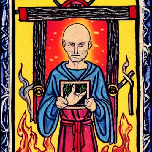 Image similar to a beautiful! portrait of a stern preacher holding a burning cross in tarot style