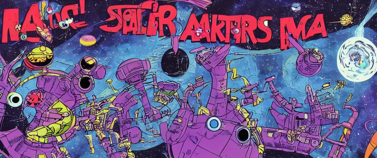 Prompt: an aaahh!!! Real monsters space station near a wormhole in outer space by Jack Kirby and Steve Ditko | Unreal Engine:. 5 | graphic novel: .6