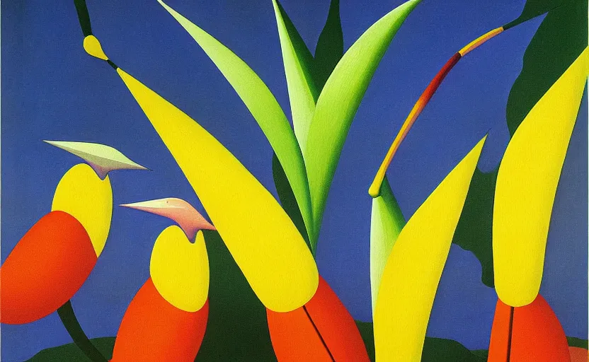 Image similar to geometric painting of birds of paradise by rene magritte