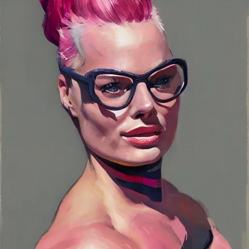 Prompt: greg manchess portrait of margot robbie as thick muscular weightlifter zarya from overwatch with ponytail and short pink hair wearing nerdy glasses, medium shot, asymmetrical, profile picture, organic painting, sunny day, matte painting, bold shapes, hard edges, street art, trending on artstation, by huang guangjian and gil elvgren and sachin teng