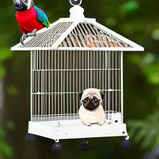 Image similar to a bird cage with a pug parrot hybrid