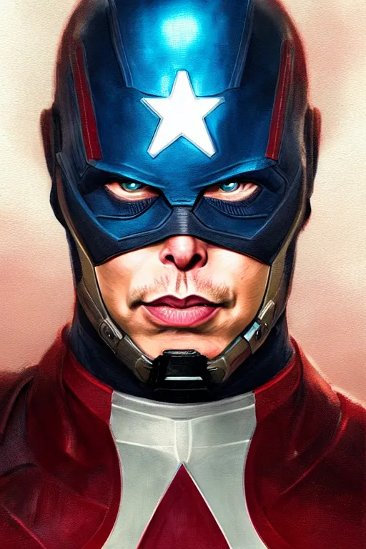 Image similar to elon musk as captain america, portrait, highly detailed, digital painting, artstation, concept art, smooth, sharp focus, illustration, cinematic lighting, art by artgerm and greg rutkowski and alphonse mucha