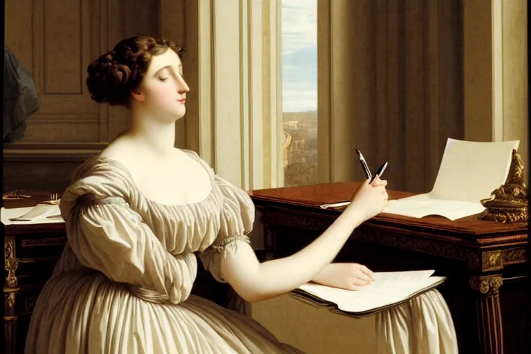 Prompt: lady writing at her desk by vittorio reggianini, georgian dress, directoire style, regency, empire silhouette, bright lighting, perfectly detailed eyes, beautiful hands, pale skin, clear face