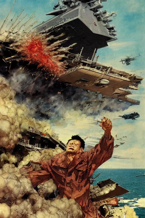 Prompt: full page detailed color illustration of tetsuo destroying an aircraft carrier, by Katsuhiro Otomo, ilya repin, frank frazetta, 8k, hd, high resolution print