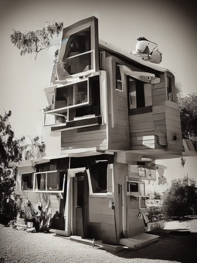 Image similar to “A perfectly centered beautiful black and white 24mm photo of mid-century retro-futuristic tiny house in Los Angeles”